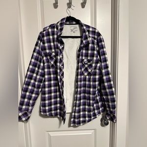 Purple, white, and black plaid shirt with fuzzy lining